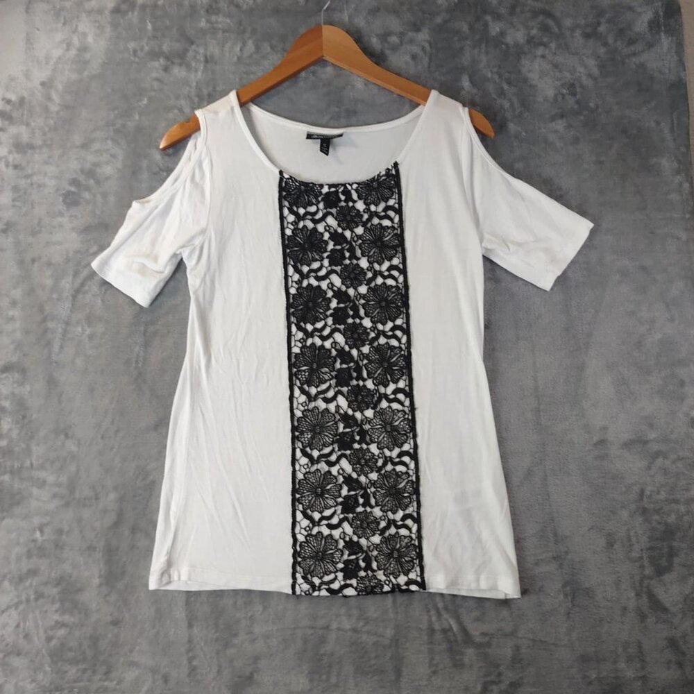 Allison Brittney S Cold Shoulder Women‎ White Top Black Floral Lace Chic Stylish